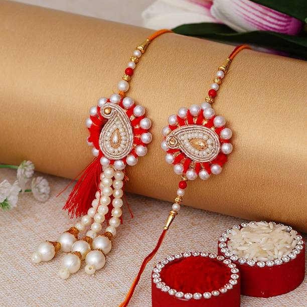 eCraftIndia Bhaiya Bhabhi Rakhi Assorted, Zardosi, Pearl Chawal Roli Pack, Rakhi, Greeting Card Set