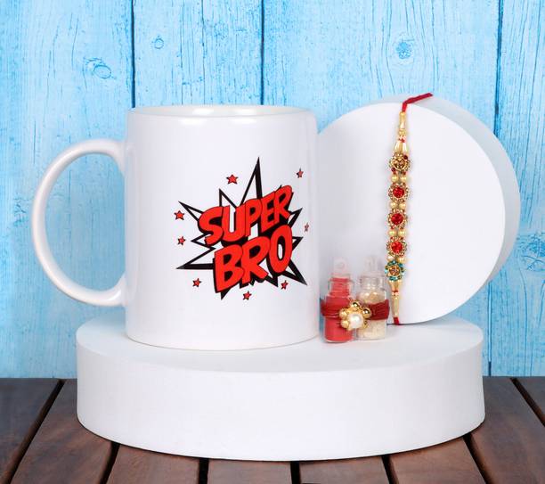Quace Thread Super Bro Mug, Rakhi, Roli Chawal Assorted Mug, Rakhi, Chawal Roli Pack  Set