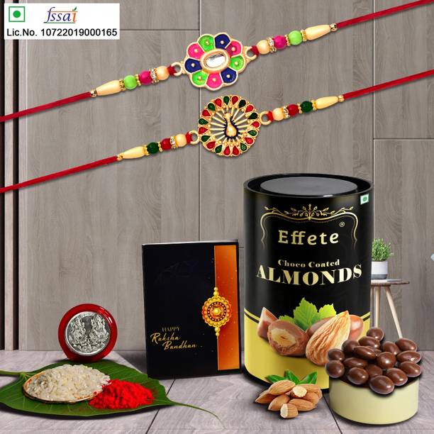 DeoDap Designer Rakhi Combo Gift Set for Brother |Almnond 96Gm|Chocolate|Y22K2_C7+C8_CA Assorted Rakhi, Chawal Roli Pack, Greeting Card, Coins Set