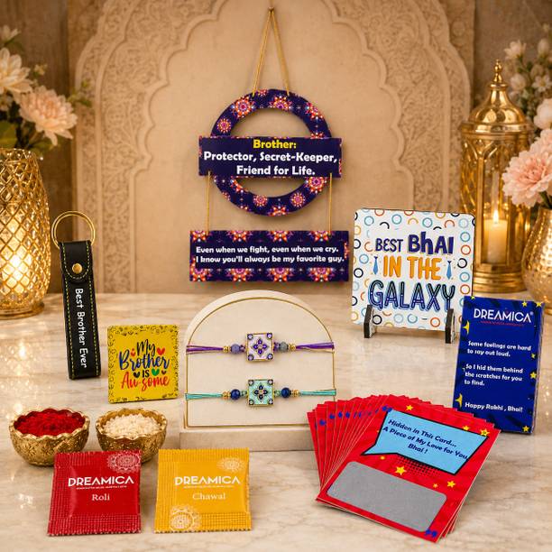Dreamica Designer Rakhi Gift Set For Brother - 202 Assorted Rakhi, Showpiece, Key Ring, Chawal Roli Pack, Greeting Card  Set