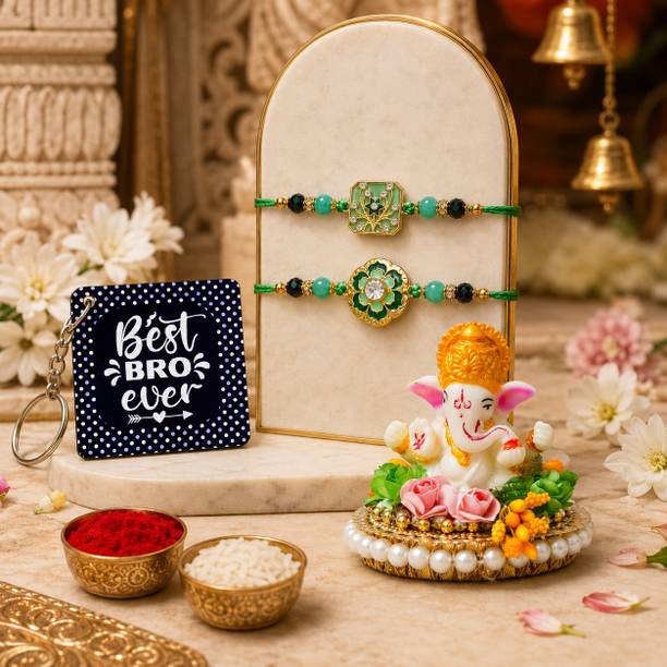 Dreamica Designer Rakhi Gift Set For Brother - 35 Assorted Showpiece, Rakhi, Key Ring, Chawal Roli Pack, Greeting Card  Set