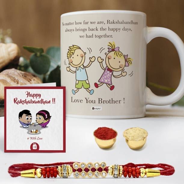Indigifts Rakhi for Rakshabandhan Thread Designer For Brother,Set of 2 Ceremic Mauli Thread Rakhi, Greeting Card, Mug  Set