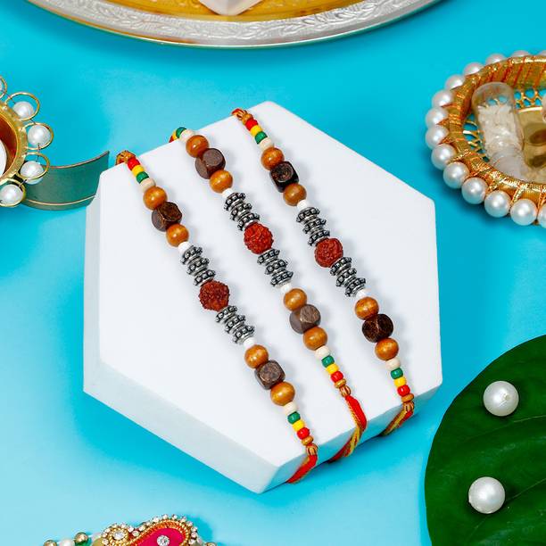 Thread Rudraksh Wooden Beads Rakhi Set for Brother With Rakhi Greeting Card Assorted Rakhi, Greeting Card, Chawal Roli Pack Set by ARCHIES