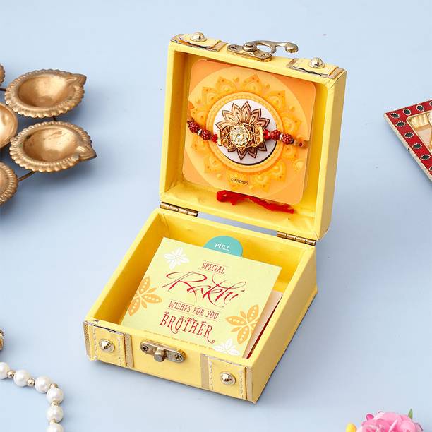 ARCHIES Thread Sacred Rudraksh Yellow Rakhi Treasure Box Gold Finish Rakhi  Set