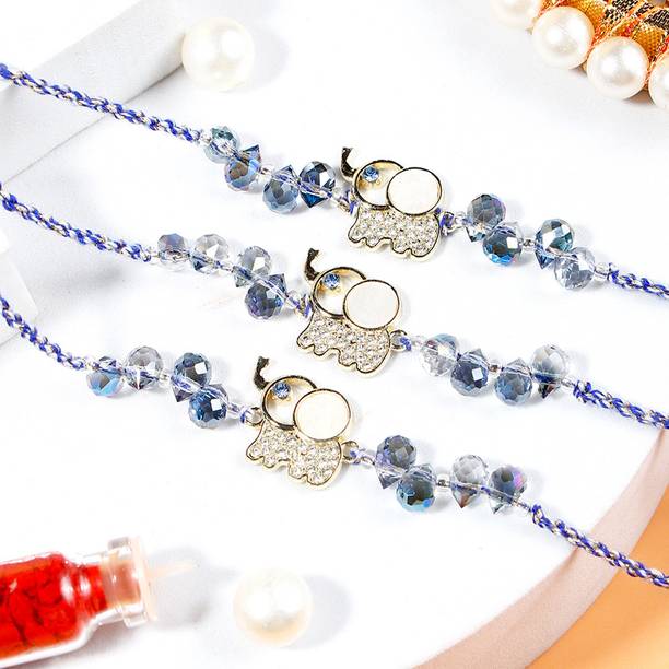 Thread Pack Of 3 Elephant Blue Stone Rakhi With Rakhi Greeting Card Assorted Rakhi, Greeting Card, Chawal Roli Pack Set by ARCHIES