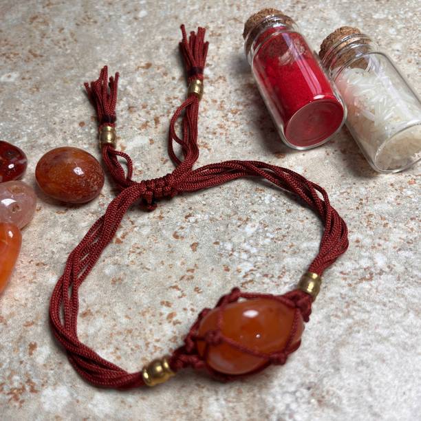 Shivkosha Designer Orange Carnelian Bracelet Rakhi for Creativity & Motivation Yarn Chawal Roli Pack  Set