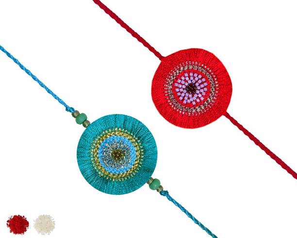 Designer Rakhi_Red_Teal_Fringe_Combo_02 Mauli Thread Chawal Roli Pack, Rakhi  Set