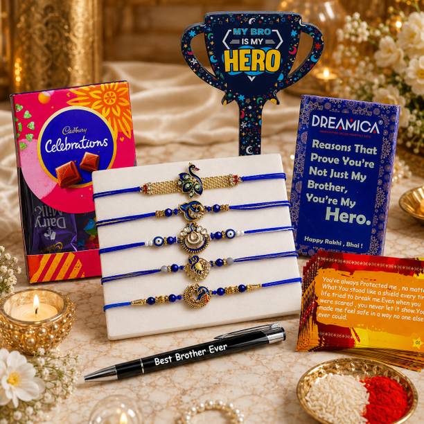 Dreamica Designer Rakhi Combo For Brother - 17 Assorted Rakhi, Pen, Showpiece, Chawal Roli Pack, Greeting Card  Set