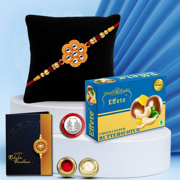 DeoDap Designer Rakhi Combo Gift Set for Brother |Butterscotch 32Gm|Chocolate|Y22K1_36_BS32 Assorted Rakhi, Chawal Roli Pack, Greeting Card, Coins  Set