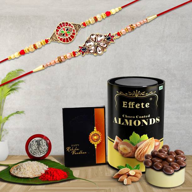 Effete Designer Rakhi Combo for Brother with Chocolate Almond(96-GM)Rakhi Set|K2_514+515_CA Assorted Rakhi, Greeting Card, Coins, Chawal Roli Pack  Set