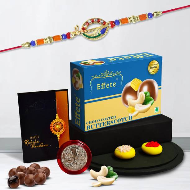 Effete Designer Rakhi set of 1 with butter sotch (32gm)| Rakhi for Brother/sister| K1_686_BS32 Assorted Rakhi, Greeting Card, Coins, Chawal Roli Pack  Set