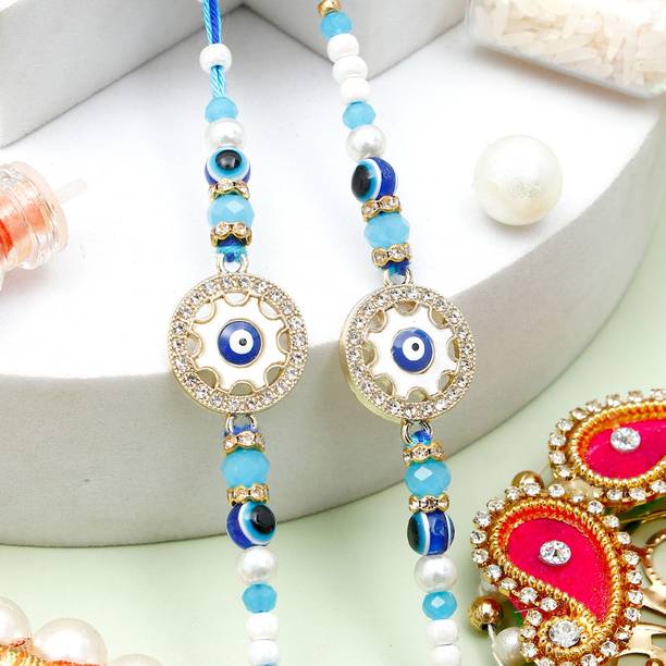 ARCHIES Thread Pack Of 2 Rhinestones Golden Blue Evil Eye Rakhi With Rakhi Greeting Card Assorted Rakhi, Greeting Card, Chawal Roli Pack  Set