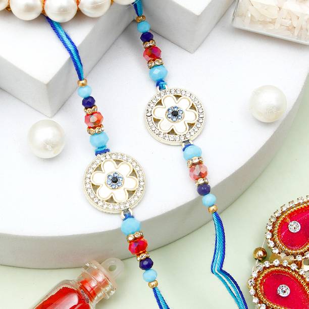 Thread Pack Of 2 Rhinestone Evil Eye Floral Rakhi With Rakhi Greeting Card Assorted Rakhi, Greeting Card, Chawal Roli Pack Set by ARCHIES