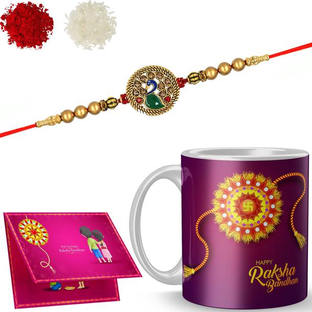 MM9E Thread Rakhi-set-Shree-Dora21-109 Gold Finish Rakhi, Chawal Roli Pack, Greeting Card, Mug  Set