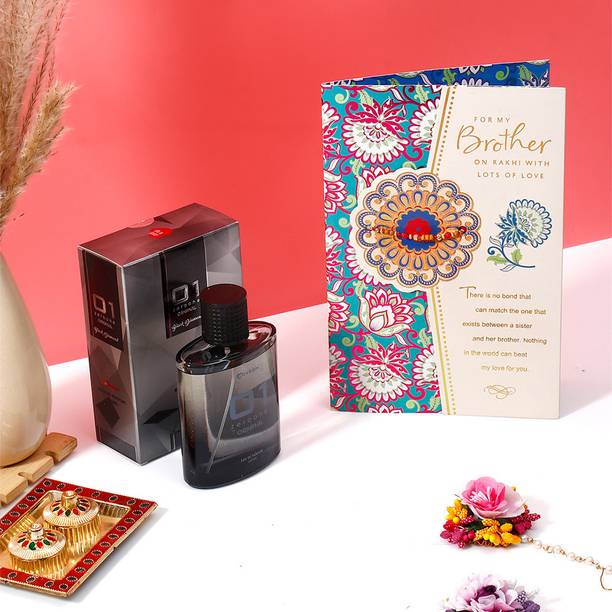 Thread For Brother Rakhi Greeting Card with Black Diamond Perfume Assorted Rakhi, Perfume Set by ARCHIES