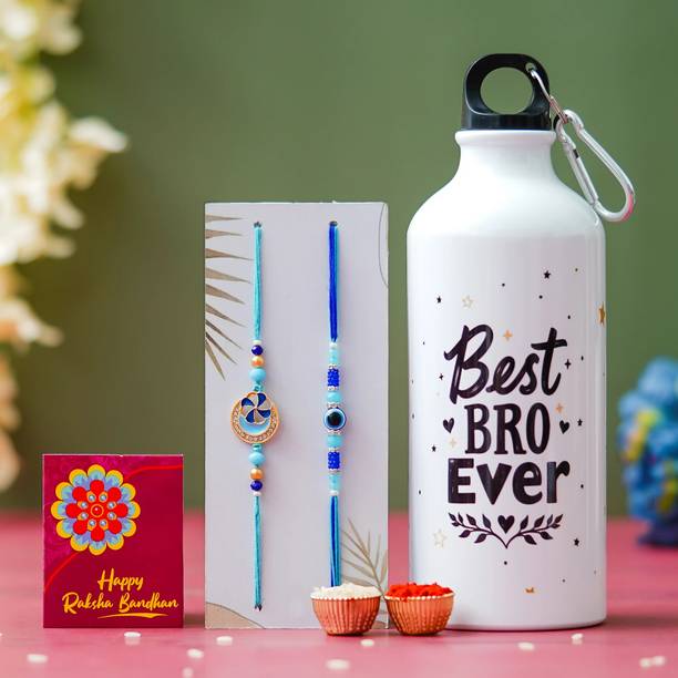 Tonkwalas Designer Rakhi Gift Set For Brother Combo With Roli Chawal Greeting Card- SIP-8-C39-C18 Mauli Thread Bottle, Rakhi, Greeting Card, Chawal Roli Pack  Set