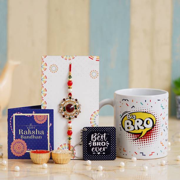 Dreamica Designer TGS-Rakhi-1525 Assorted Mug, Key Ring, Greeting Card, Chawal Roli Pack, Rakhi  Set