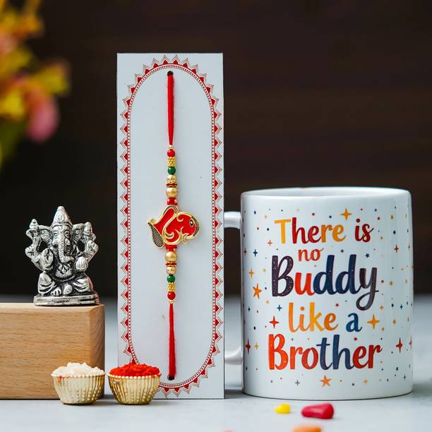 Tonkwalas Designer Rakhi Gift Set For Brother Combo With Roli Chawal Greeting Card- MG-10-SG1-C22 Mauli Thread Mug, Rakhi, Showpiece, Chawal Roli Pack, Greeting Card  Set