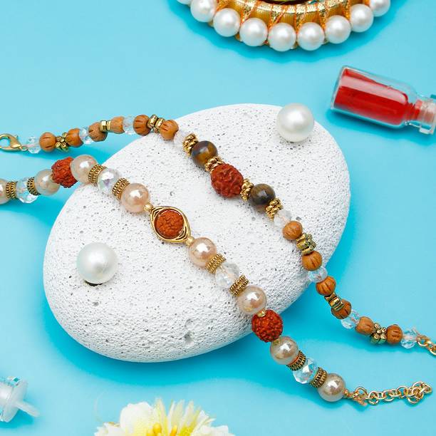 Thread Rustic Rudraksha & Tiger Eye Bead Bracelet Rakhi Set With Greeting Card Assorted Rakhi, Greeting Card, Chawal Roli Pack Set by ARCHIES