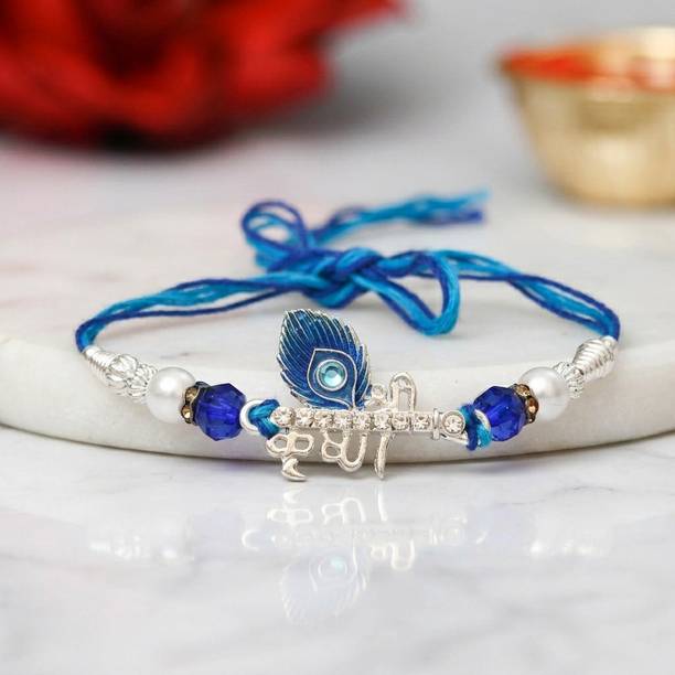 Elegaci Gifts Designer Bracelet Sapphire Blue, Silver Meenakari Krishna Rakhi For Brothers Platinum Rakhi, Chawal Roli Pack, Greeting Card  Set