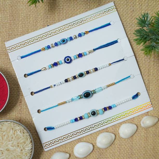 LeafBlu Designer NR12-UNIQUE DESIGNER RAKHI FOR BEST BROTHER RAKHI EVIL EYE (PACK OF 5) Assorted Rakhi, Greeting Card, Chawal Roli Pack Set