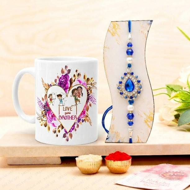 Designer Rakshabandhan Gift for Brother-R-127-SQ Gold Finish Rakhi, Mug, Greeting Card, Chawal Roli Pack Set by rakhi for brother elegaci gifts