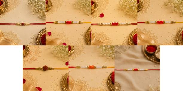 Designer July combo7 Rakhi Set-2981 Gold Finish, Mauli Thread, Pearl Rakhi by RS Creations