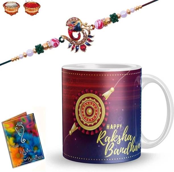 Designer R-146-TS Mauli Thread Chawal Roli Pack, Rakhi, Greeting Card, Mug Set by Plakasha creations