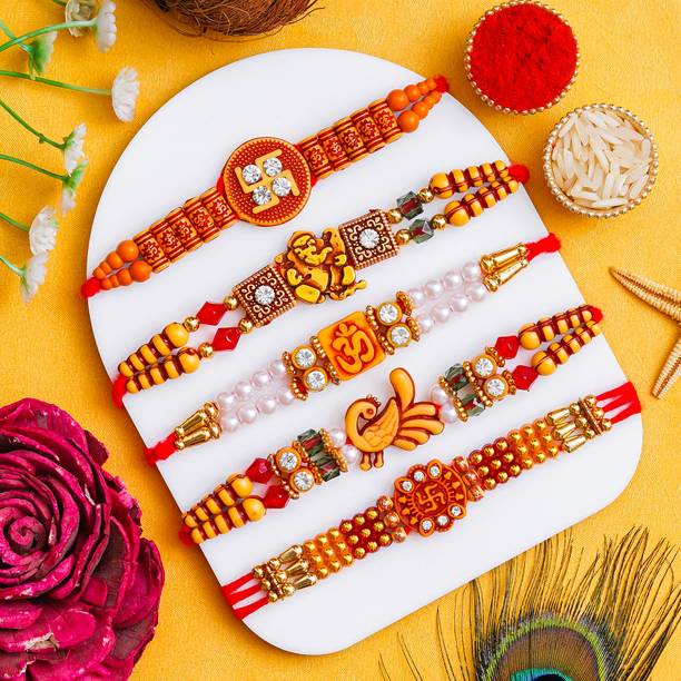 PRIDE STORE Designer Rakhi Set 4243 Mauli Thread Rakhi, Chawal Roli Pack, Greeting Card  Set