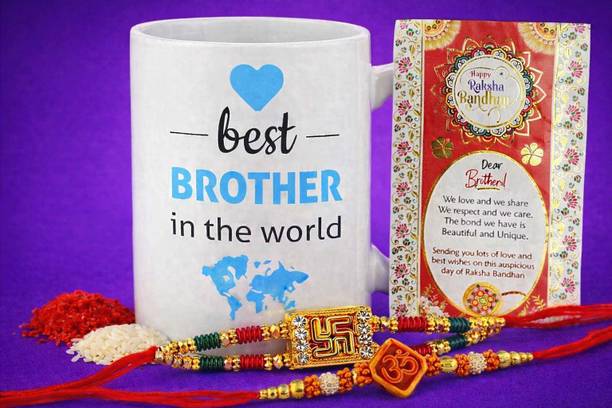 MAYA CREATION Bracelet Raksha bandhan Gift for Brother Printed Ceramic Mug with 2 Designer Rakhi Assorted Rakhi, Mug, Chawal Roli Pack, Greeting Card  Set