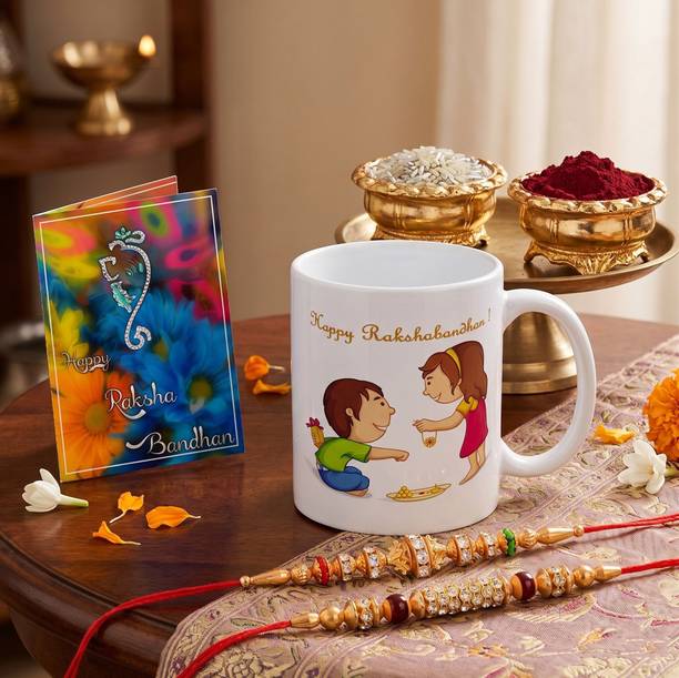 Designer C14-ACAD Assorted Rakhi, Mug, Chawal Roli Pack, Greeting Card Set by Dreamlivproducts