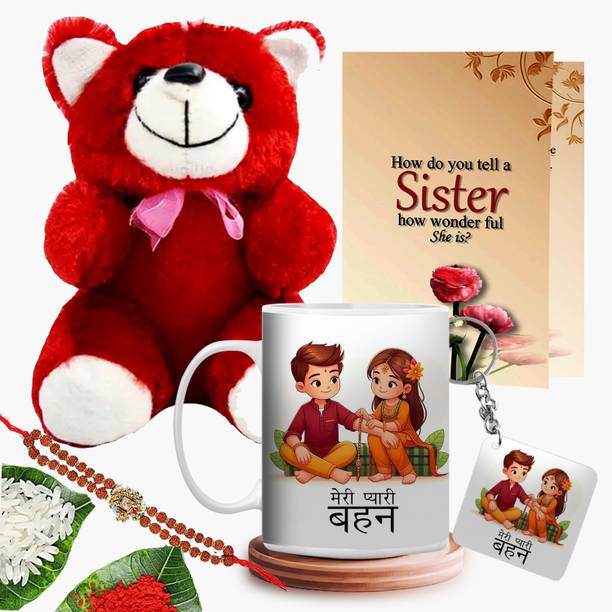 GiftWeb Rudraksh Gift For Sister Coffee Mug & Keychain & CD& Rakhi & Teddy Gift set-11 Assorted Rakhi  Set