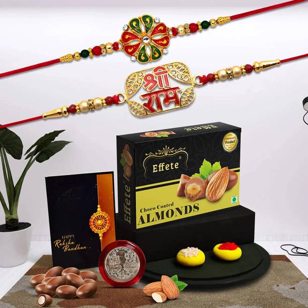 DeoDap Designer Rakhi Combo Gift Set for Brother |Almnond 32 Gm|Chocolate|Y22K2_32+33_CA32 Assorted Rakhi, Greeting Card, Coins, Chawal Roli Pack Set