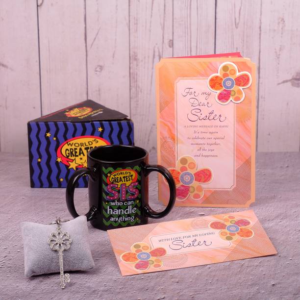 ARCHIES Rinestone Keychain Mug With Sister Greeting Card Mauli Thread Mug  Set