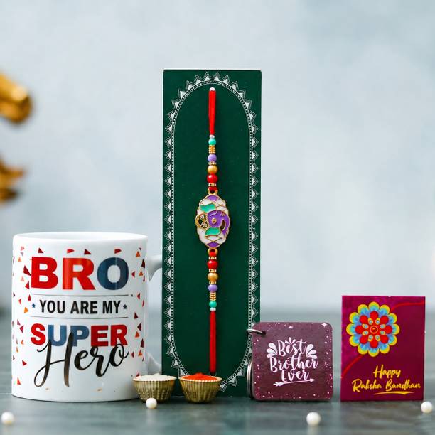 Designer Rakhi Gift Set For Brother Combo With Roli Chawal Greeting Card- MUG-41 Mauli Thread Chawal Roli Pack, Greeting Card, Key Ring, Mug, Rakhi Set by Tonkwalas