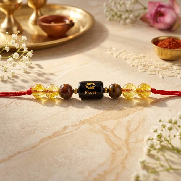 Pisces Zodiac with Citrine Tiger Eye for Prosperity & Positive Energy Mauli Thread Bracelet Set by CRYSTU