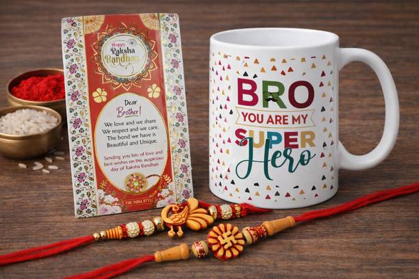 THE INDIA STYLE Bracelet Brother Rakhi Gift Set - Printed Ceramic Coffee Mug with Rakhi and Greeting Card Assorted Rakhi, Mug, Greeting Card, Chawal Roli Pack Set
