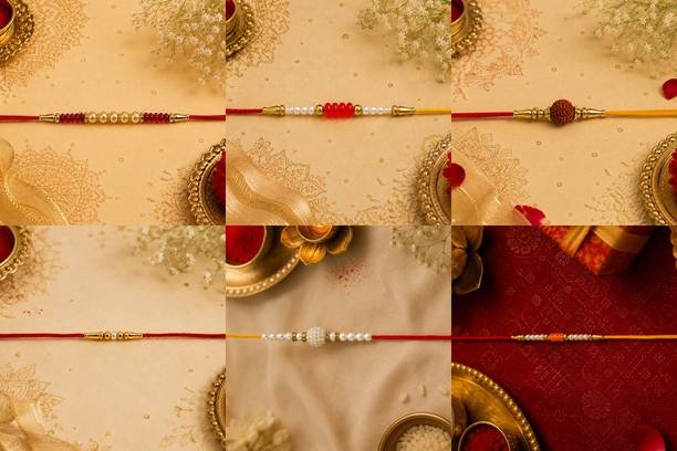 Religious 6Combo Rakhi July -5960 Gold Finish, Mauli Thread, Pearl Rakhi by RS Creations