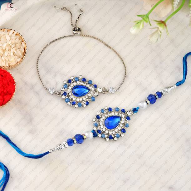 Dreamcart Designer Bhaiya and Bhabhi Lumba Rakhi Silver Lumba, Rakhi, Chawal Roli Pack, Greeting Card  Set