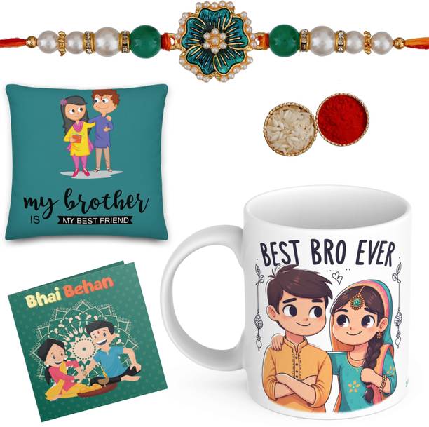 Anvigifts Scented Anvi-Bro249-CS05_P01 Assorted Cushion, Rakhi, Mug, Greeting Card, Chawal Roli Pack  Set