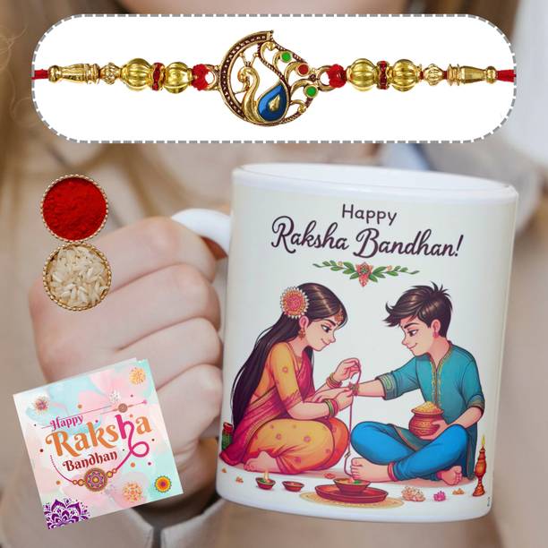 Bracelet Raksha Bandhan Special Brother Rakhi & Coffee Mug Gift (Combo of 4) RKBD2_RKI41 Assorted Rakhi, Mug, Chawal Roli Pack, Greeting Card  Set