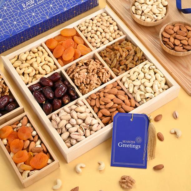 HyperFoods RawFruit Basic 9 Dry Fruit Combo Dark Wood Gift Box | Premium Dried Fruit Berries Combo Gift Pack with Greeting Card | Valentines Day Gift for Boyfriend Girlfriend Wife Husband