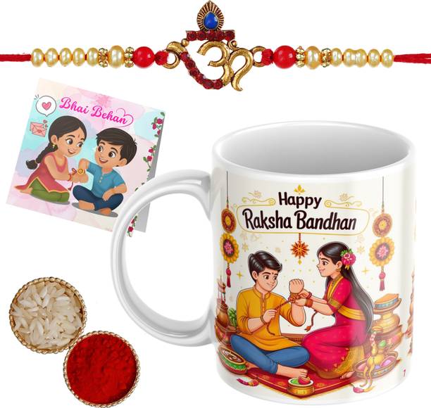 amrita Designer Cute Rakhi for Brother with Printed Ceramic Mug (Combo Pack 4) RKBD7_RKI48 Assorted Rakhi, Mug, Chawal Roli Pack, Greeting Card Set