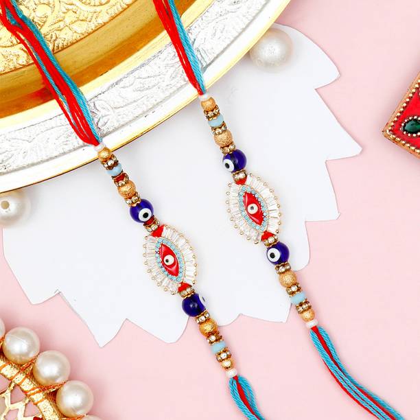 Thread Premium Kundan Evil Eye Designer Rakhi Set for Brother With Rakhi Greeting Card Assorted Rakhi, Greeting Card, Chawal Roli Pack Set by ARCHIES