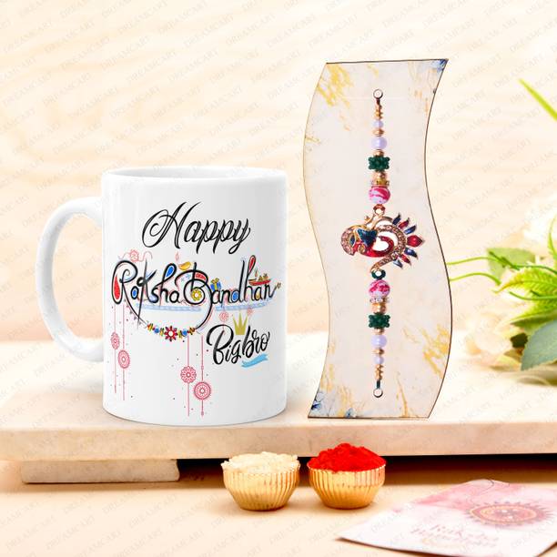 Bracelet E-R-113-TS Mauli Thread Rakhi, Chawal Roli Pack, Greeting Card, Mug Set by Elegaci Gifts