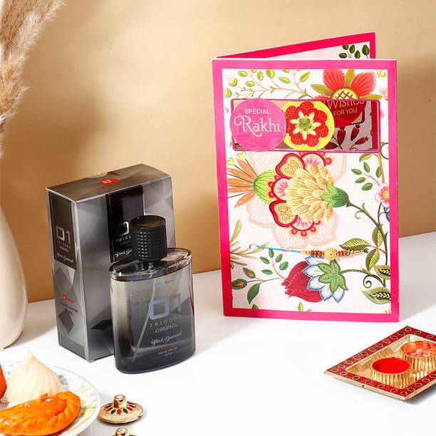 Thread Special Rakhi Greeting Card with Black Diamond Perfume Assorted Rakhi, Perfume Set by ARCHIES