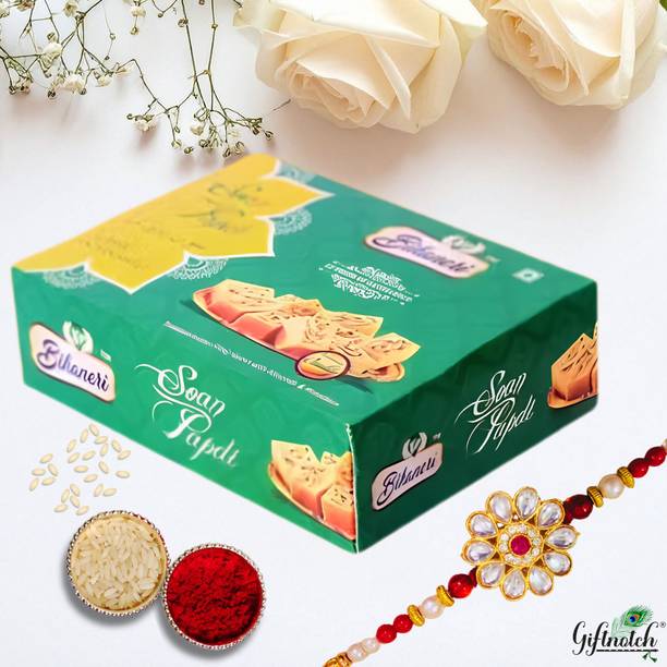 Giftnotch FLOWER Meetha -15 Special Designer Rakhi,Soan Papdi Box,Kumkum Rice Sachet Assorted Gift Box