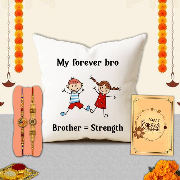 Avirons Thread Raksha Bandhan Special Combo for Veer – Decorative Cushion Gift Box for Bhaiya Assorted Chawal Roli Pack, Cushion, Rakhi, Greeting Card  Set