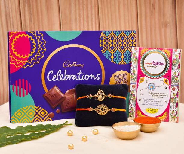PRIDE STORE Religious Celebrations Chocolate Pack with Peacock-OM Rakhis, Roli-Chawal & Rakhi Card Mauli Thread Rakhi, Chawal Roli Pack, Greeting Card  Set