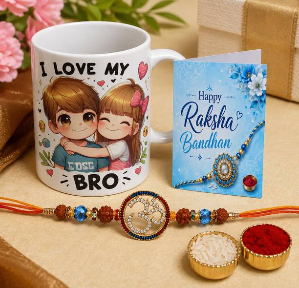 Designer Best Rakhi for Brother with Coffee Mug Gift Combo (Pack of 4) RakhiMug-Set02 Assorted Rakhi, Mug, Greeting Card, Chawal Roli Pack Set by KUCHILA